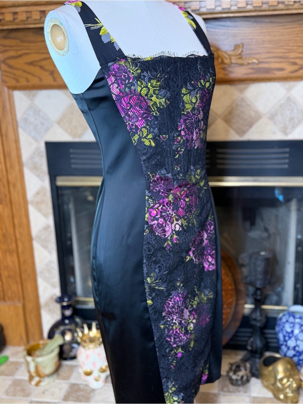 Betsey Johnson Black Satin Midi Dress with Floral Panel & Lace Overlay Size 8